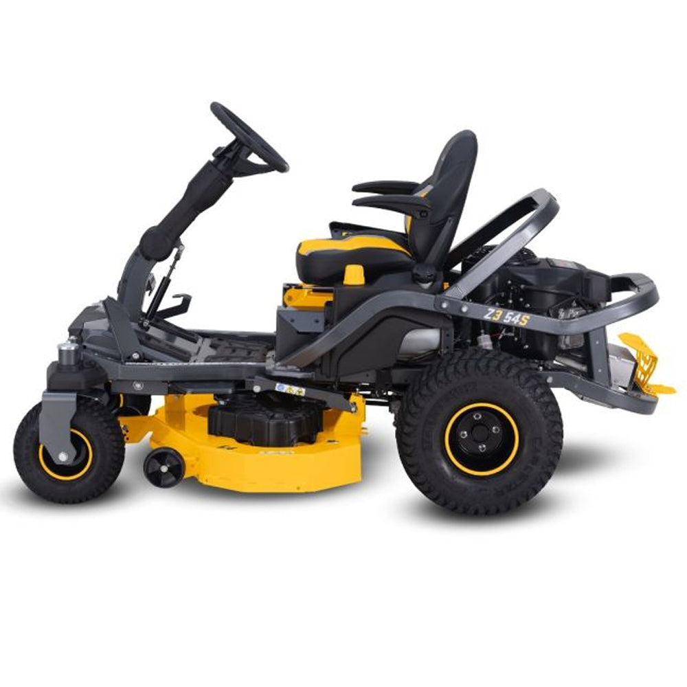 Cub Cadet Z3 54 S zero turn mower with steering wheel control and 24HP Kawasaki engine. Built for slopes and larger blocks. Available at Mower City Albury. Side view