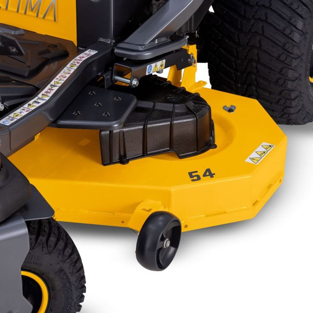 54 inch fabricated deck of the Cub Cadet Z3 54 S zero turn mower with steering wheel control and 24HP Kawasaki engine. Built for slopes and larger blocks. Available at Mower City Albury.
