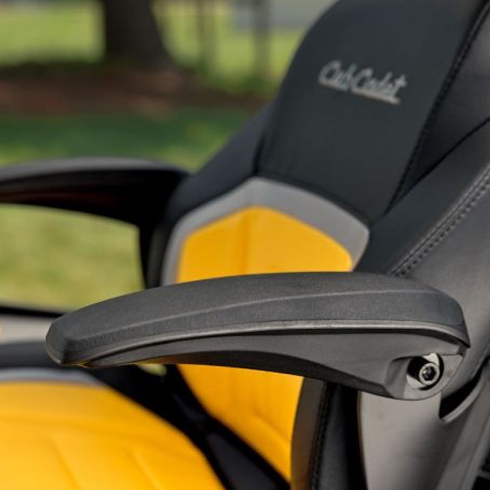 Automotive seat comfort Cub Cadet Z3 54 S zero turn mower with steering wheel control and 24HP Kawasaki engine. Built for slopes and larger blocks. Available at Mower City Albury.