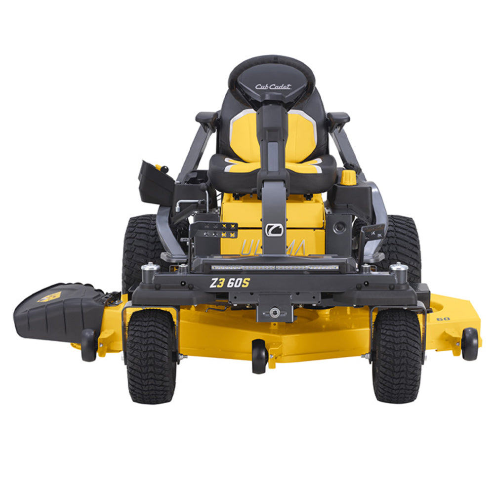 Front view of Cub Cadet Z3 60 S zero turn mower with steering wheel control, 60” deck and 24HP Kawasaki engine. Built for larger blocks and slopes. Available at Mower City Albury.