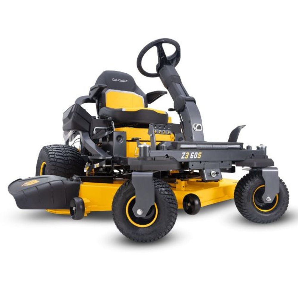 angle view of Cub Cadet Z3 60 S zero turn mower with steering wheel control, 60” deck and 24HP Kawasaki engine. Built for larger blocks and slopes. Available at Mower City Albury.