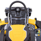Close-up of a yellow and black lawn mower with steering wheel and seat of Cub Cadet Z3 60 S zero turn mower Available at Mower City Albury.