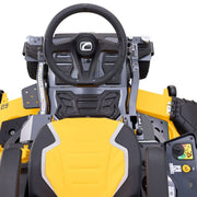 Close-up of a yellow and black lawn mower with steering wheel and seat of Cub Cadet Z3 60 S zero turn mower Available at Mower City Albury.