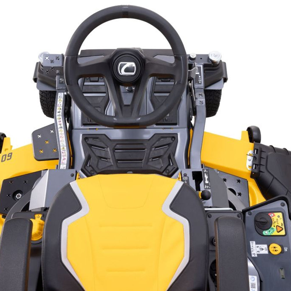 Close-up of a yellow and black lawn mower with steering wheel and seat of Cub Cadet Z3 60 S zero turn mower Available at Mower City Albury.