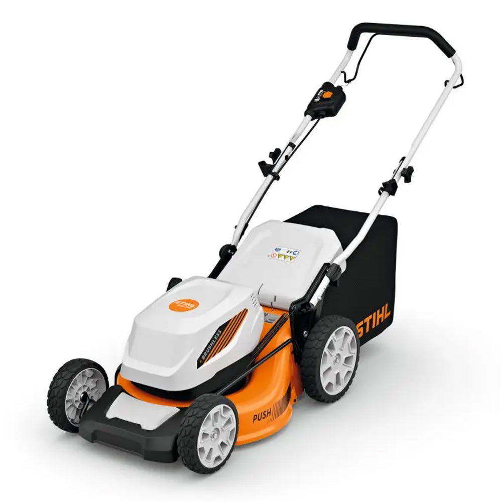 Stihl RMA345 battery push lawn mower on a white background. available mower city albury