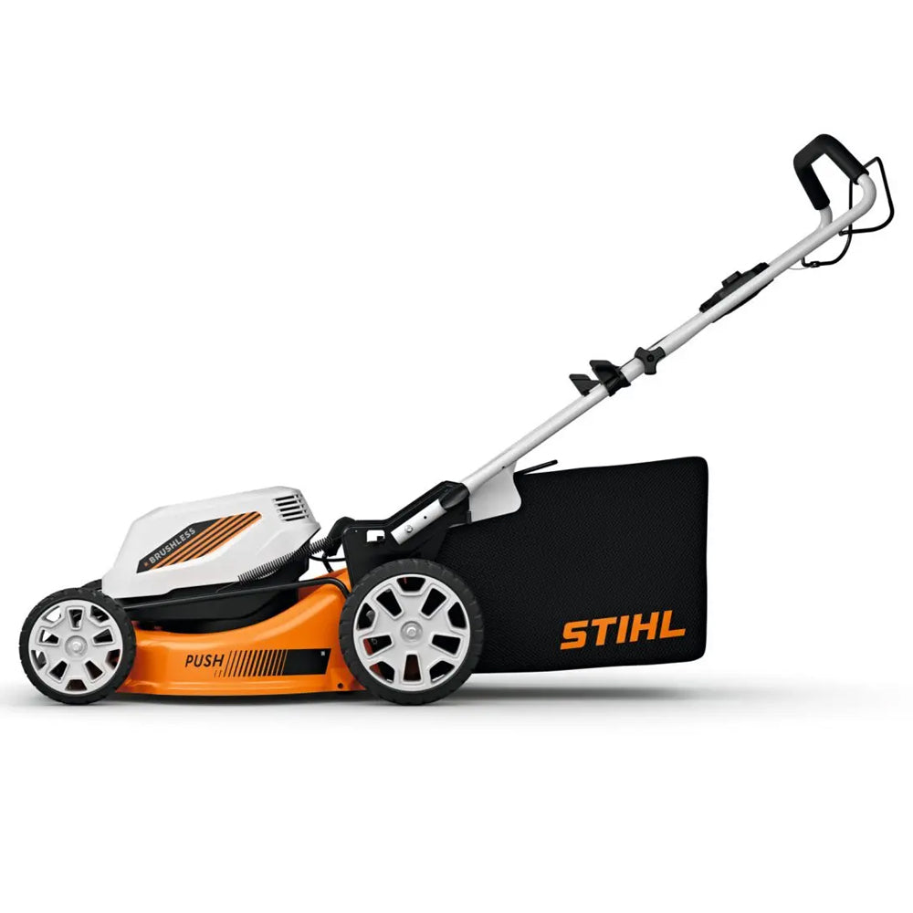 side view STIHL RMA 348 battery lawn mower with 46cm cut, catcher and mulching. Quiet, efficient mowing for medium lawns. Available at Mower City Albury.