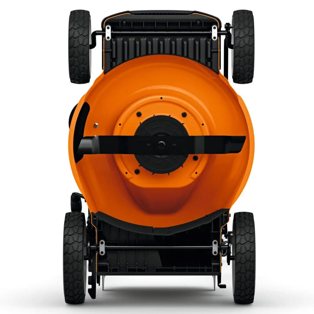 balde view STIHL RMA 348 battery lawn mower with 46cm cut, catcher and mulching. Quiet, efficient mowing for medium lawns. Available at Mower City Albury.