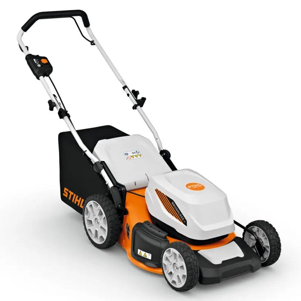 angle front view STIHL RMA 348 battery lawn mower with 46cm cut, catcher and mulching. Quiet, efficient mowing for medium lawns. Available at Mower City Albury.