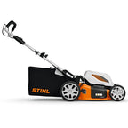 side view STIHL RMA 348 battery lawn mower with 46cm cut, catcher and mulching. Quiet, efficient mowing for medium lawns. Available at Mower City Albury.
