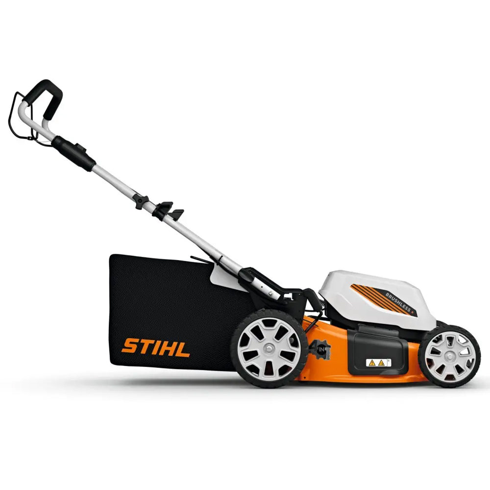 side view STIHL RMA 348 battery lawn mower with 46cm cut, catcher and mulching. Quiet, efficient mowing for medium lawns. Available at Mower City Albury.
