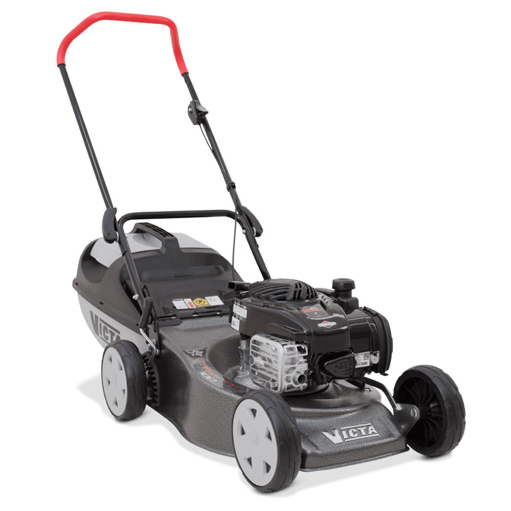 front view Victa Corvette 100 18” push mower with Briggs & Stratton engine and cut & catch system. Reliable, easy-start mowing. Available at Mower City Albury.