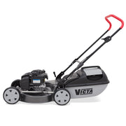 side view with logo Victa Corvette 100 18” push mower with Briggs & Stratton engine and cut & catch system. Reliable, easy-start mowing. Available at Mower City Albury.