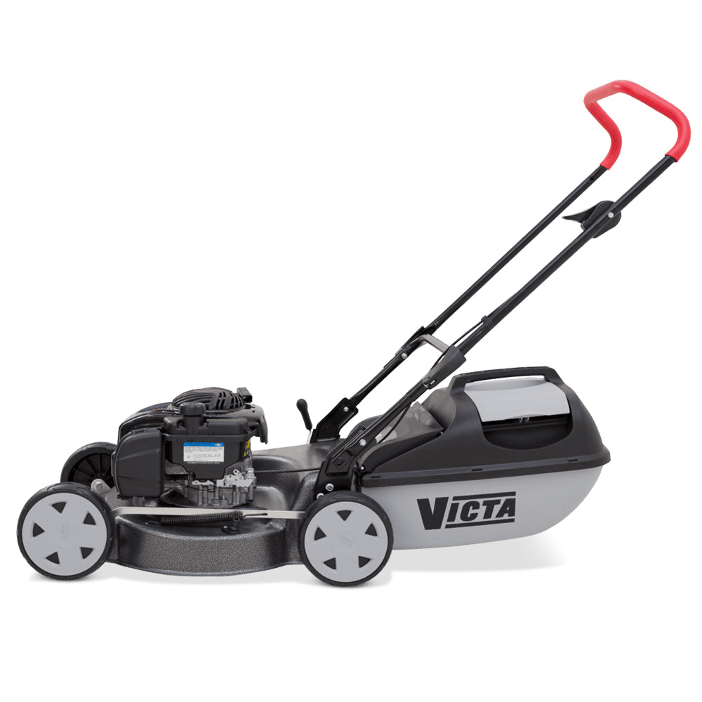 side view with logo Victa Corvette 100 18” push mower with Briggs & Stratton engine and cut & catch system. Reliable, easy-start mowing. Available at Mower City Albury.