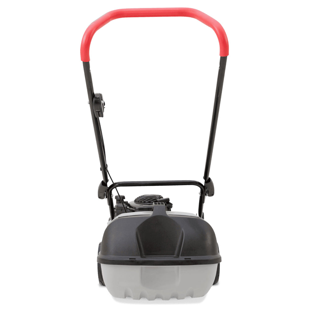back view of Victa Corvette 100 18” push mower with Briggs & Stratton engine and cut & catch system. Reliable, easy-start mowing. Available at Mower City Albury.
