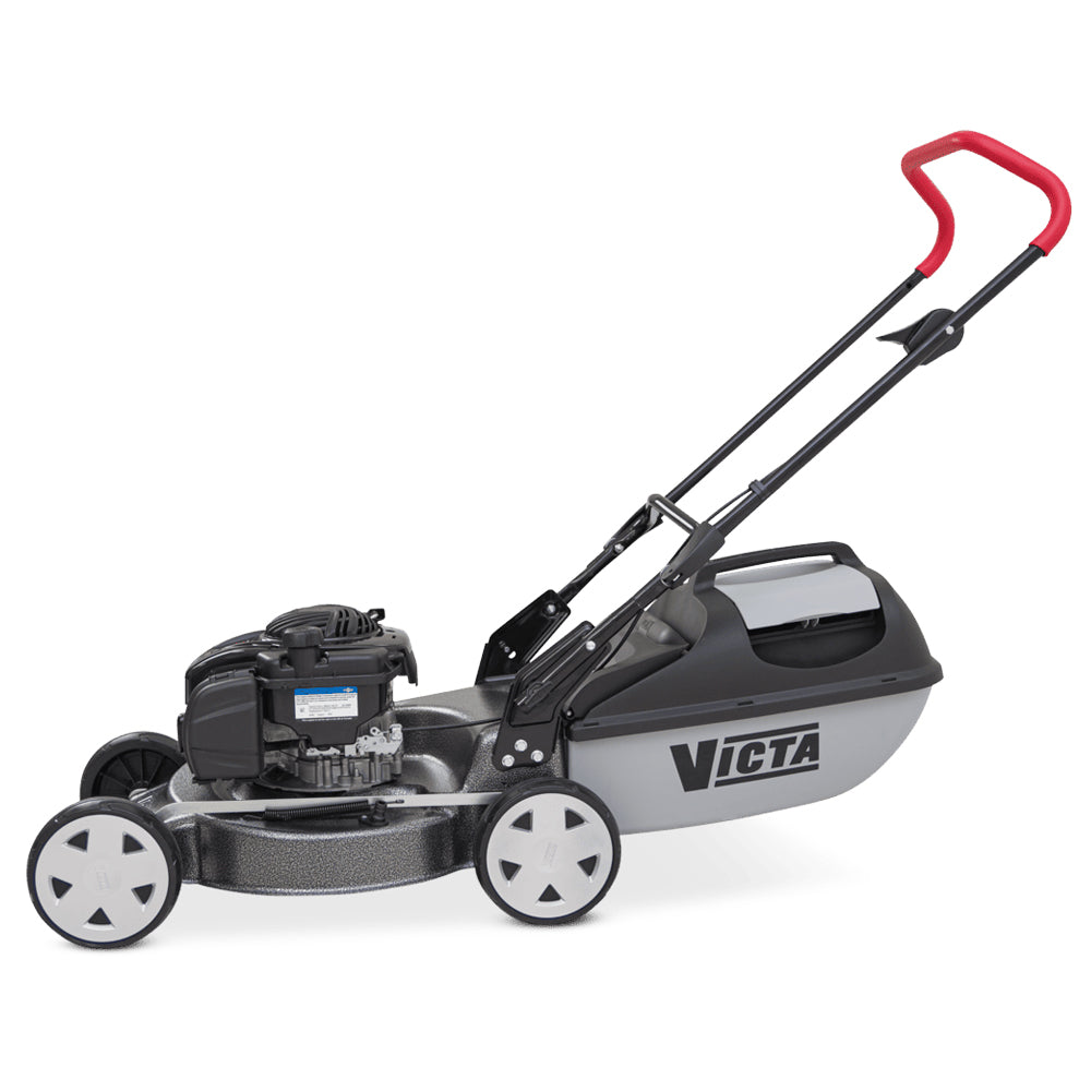side view Victa Corvette 200 18” push mower with mulch or catch capability and Briggs & Stratton engine. Reliable, easy-start mowing. Available at Mower City Albury.
