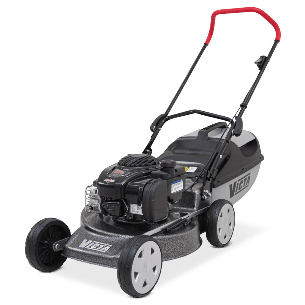 front view Victa Corvette 200 18” push mower with mulch or catch capability and Briggs & Stratton engine. Reliable, easy-start mowing. Available at Mower City Albury.