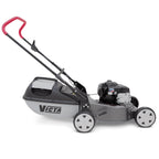 side of Victa Corvette 300 18” push mower with 150cc Briggs & Stratton engine and mulching disc. More power for domestic mowing. Available at Mower City Albury.
