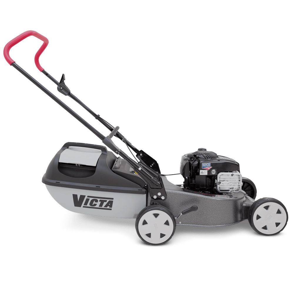 side of Victa Corvette 300 18” push mower with 150cc Briggs & Stratton engine and mulching disc. More power for domestic mowing. Available at Mower City Albury.
