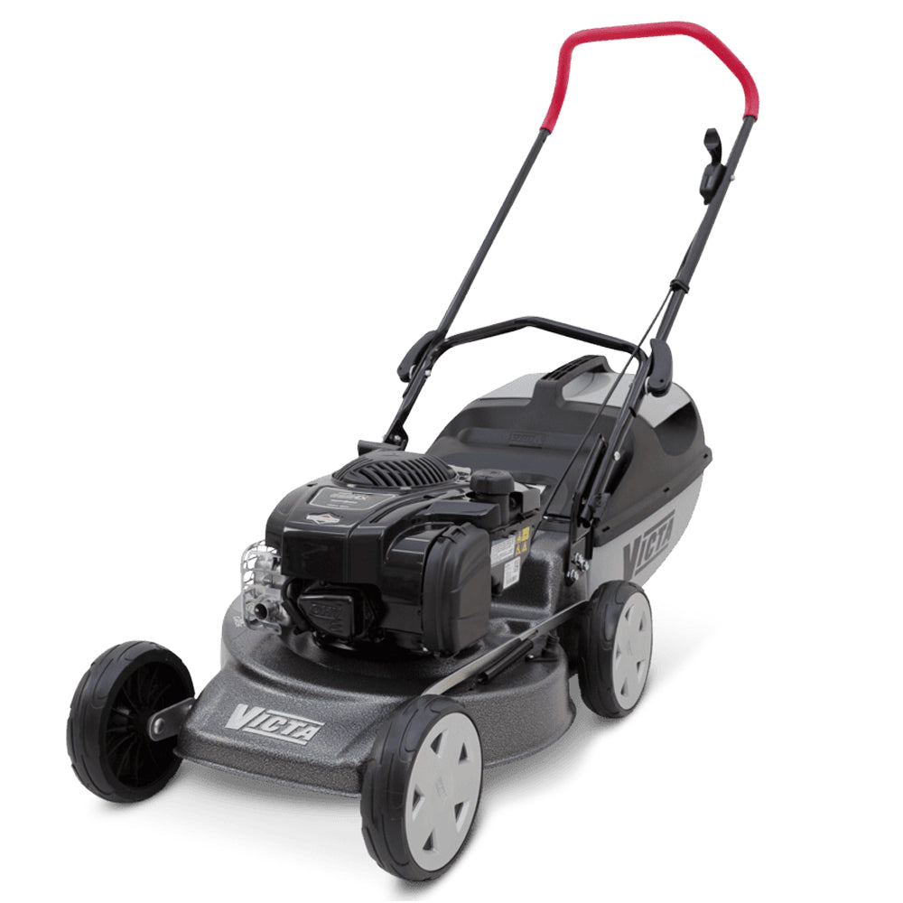 front of Victa Corvette 300 18” push mower with 150cc Briggs & Stratton engine and mulching disc. More power for domestic mowing. Available at Mower City Albury.