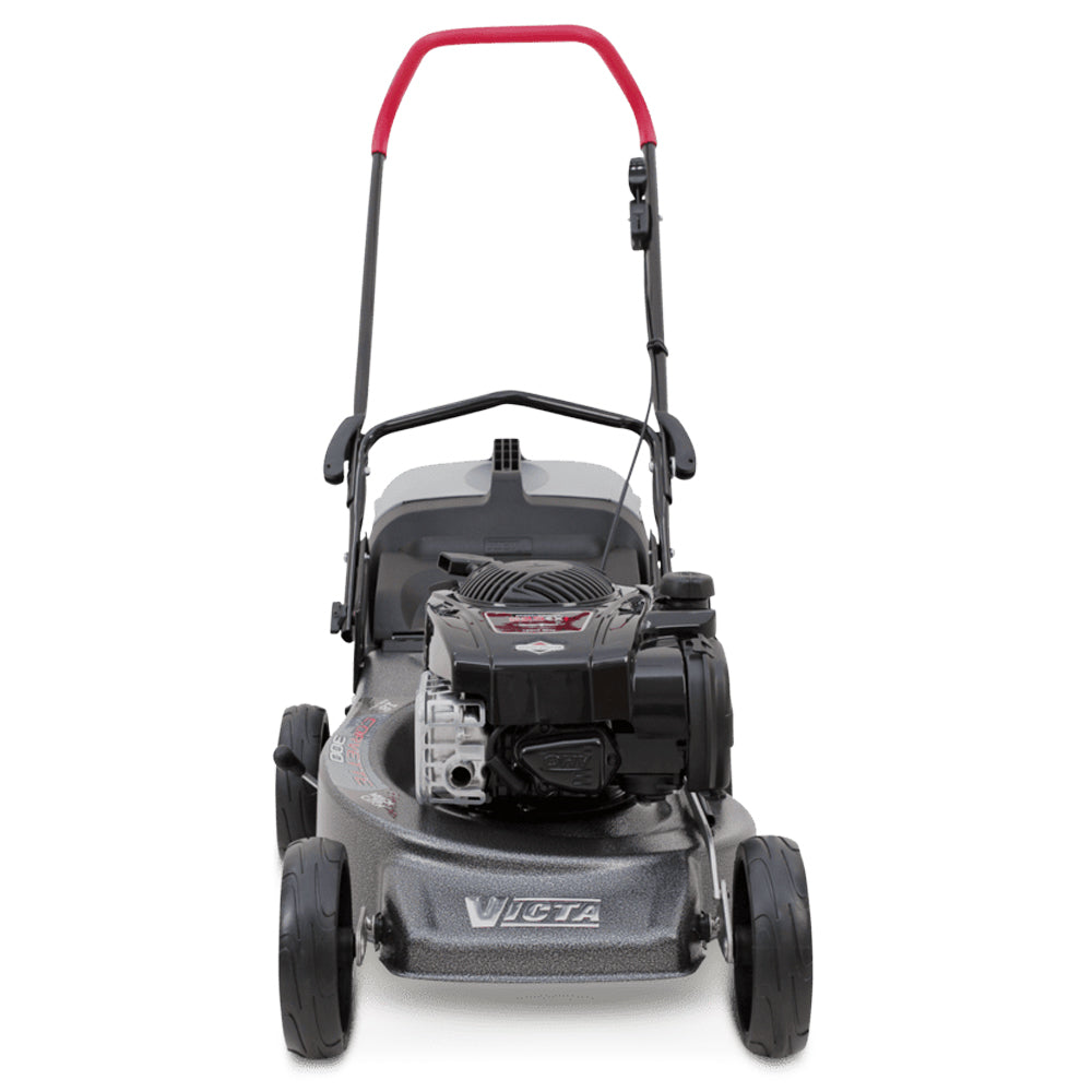 engine view of Victa Corvette 300 18” push mower with 150cc Briggs & Stratton engine and mulching disc. More power for domestic mowing. Available at Mower City Albury.