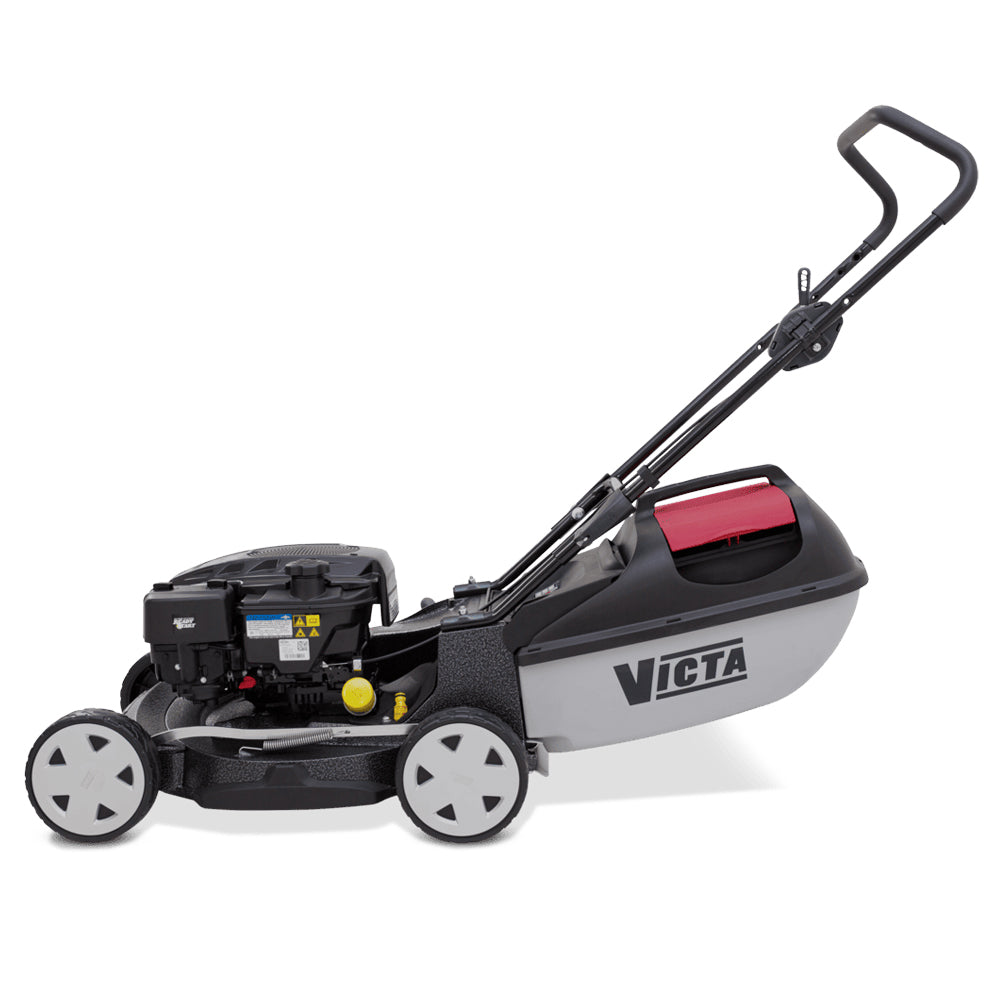 side view Victa Mustang 850 19” push mower with 190cc Briggs & Stratton engine and alloy deck. Built for tougher mowing conditions. Available at Mower City Albury.