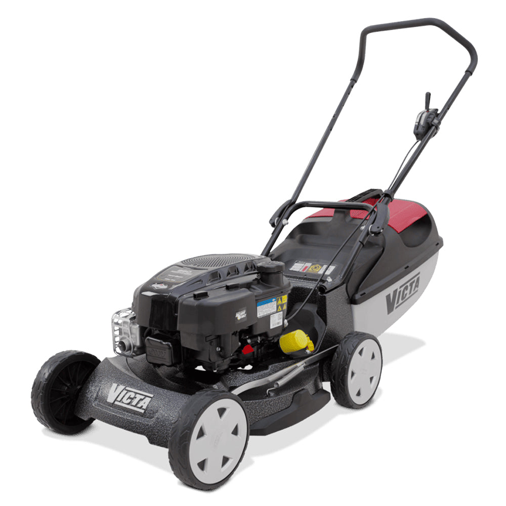 angle view Victa Mustang 850 19” push mower with 190cc Briggs & Stratton engine and alloy deck. Built for tougher mowing conditions. Available at Mower City Albury.