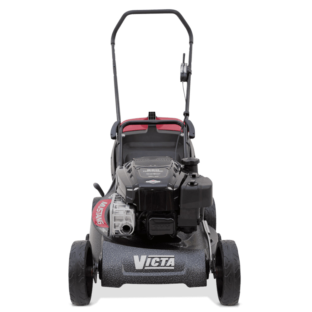 front view engine Victa Mustang 850 19” push mower with 190cc Briggs & Stratton engine and alloy deck. Built for tougher mowing conditions. Available at Mower City Albury.