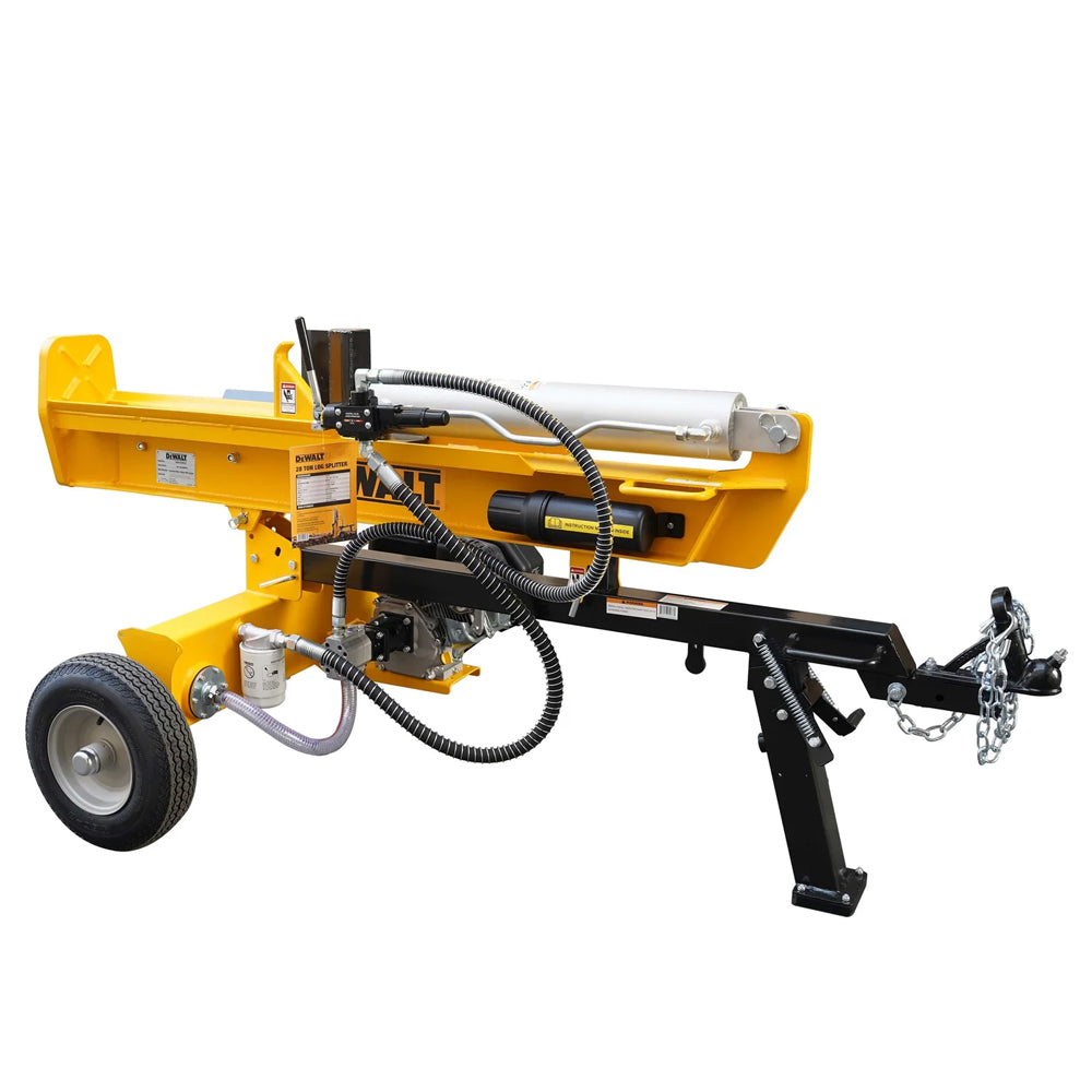 DEWALT 28 ton hydraulic log splitter with Kohler 196cc engine and 13-second cycle time. Built for firewood and heavy splitting. Available at Mower City Albury. side view