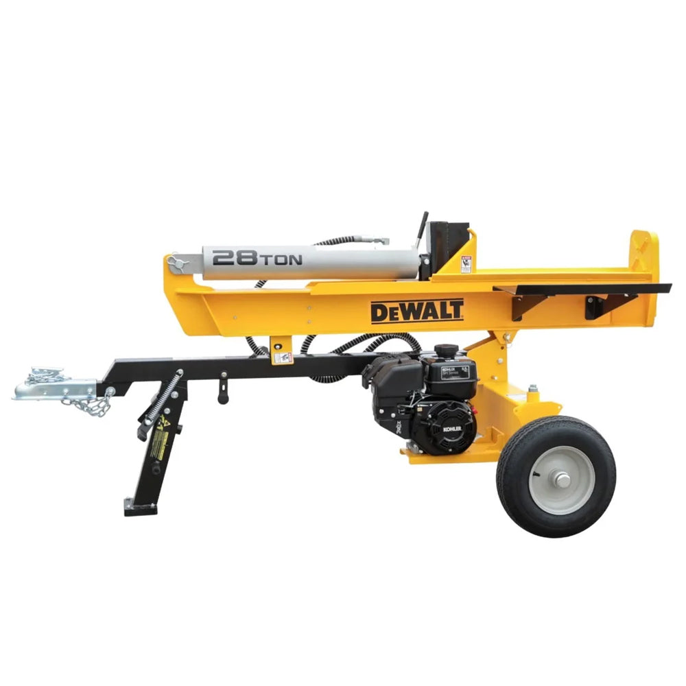 Yellow Dewalt log splitter on a white background. Available at Mower City Albury