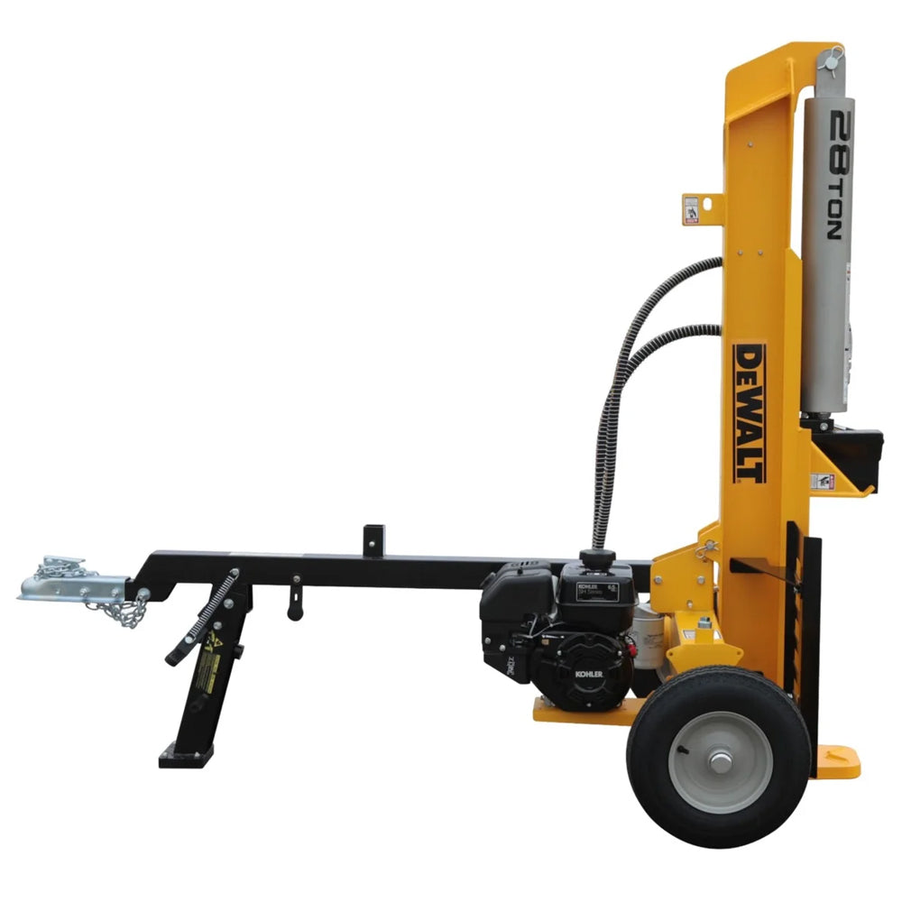 Yellow Dewalt log splitter on a white background available from Mower City Albury - 28 Tonne