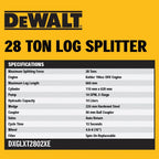 Specifications of DEWALT 28 ton hydraulic log splitter with Kohler 196cc engine and 13-second cycle time. Built for firewood and heavy splitting. Available at Mower City Albury.