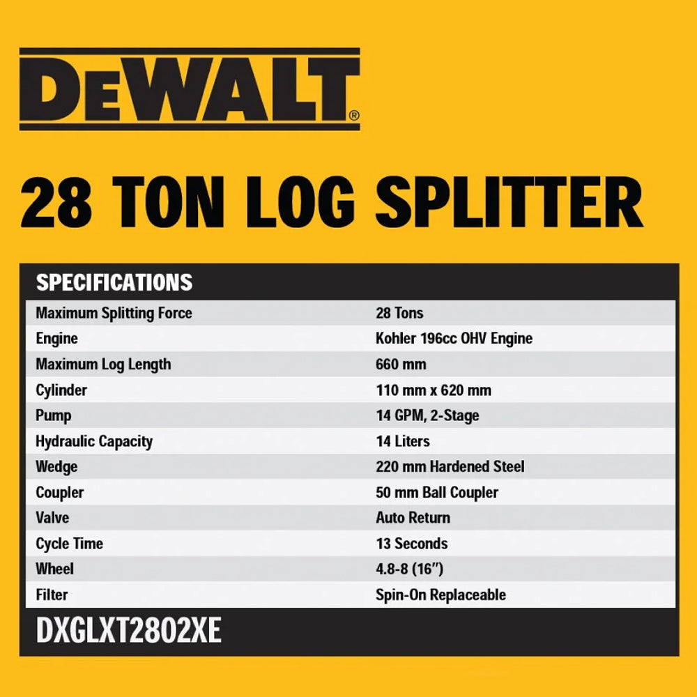 Specifications of DEWALT 28 ton hydraulic log splitter with Kohler 196cc engine and 13-second cycle time. Built for firewood and heavy splitting. Available at Mower City Albury.