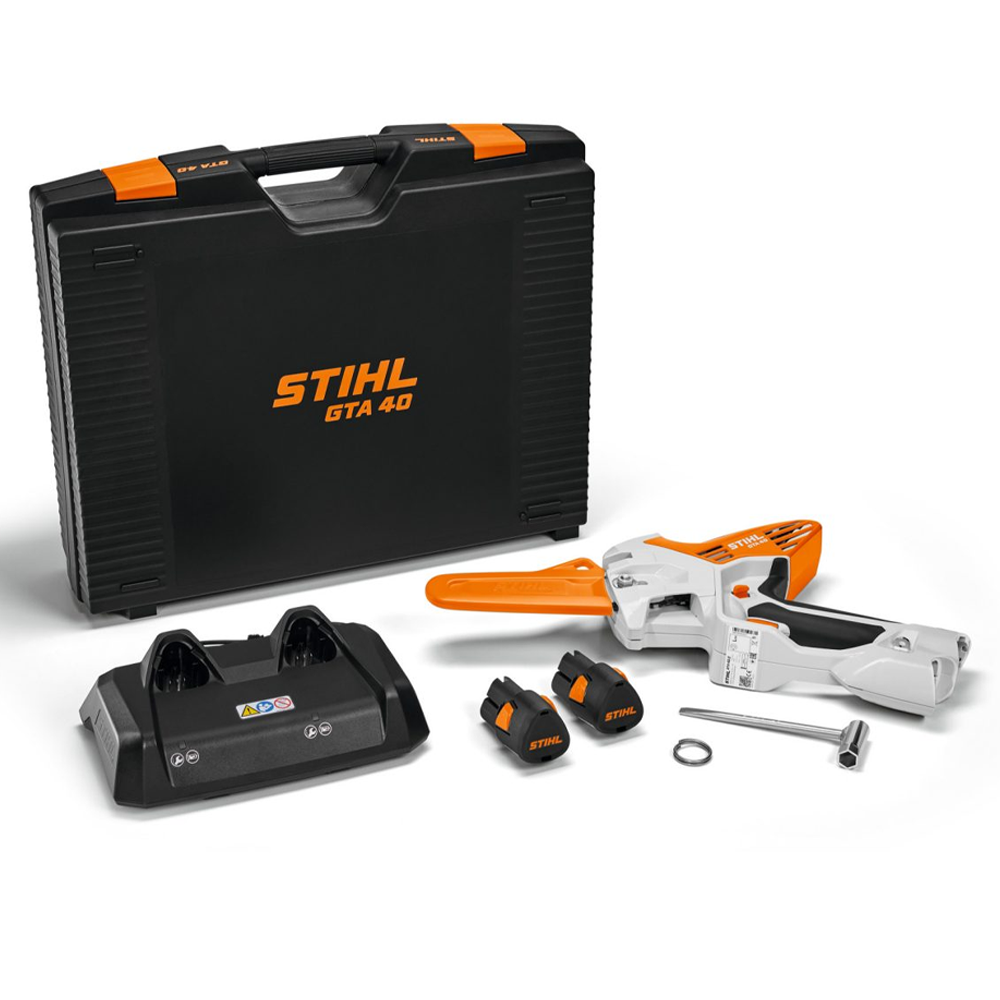 Discover the STIHL GTA 40 Battery Pruner at Mower City Albury, ideal for arborists, landscapers, and construction pros. Compact, powerful, and built for precision tree care and woody material cutting. Includes 2 x AS 2 batteries and charger. Full system