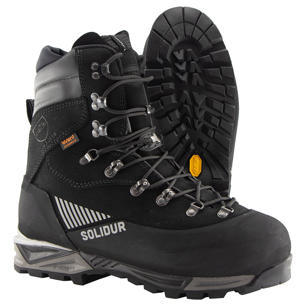 Solidur Class 3 (28 m/s) chainsaw safety boots with Vibram sole, waterproof membrane and Perwanger leather. Aluminium toe cap. Mower City Albury.