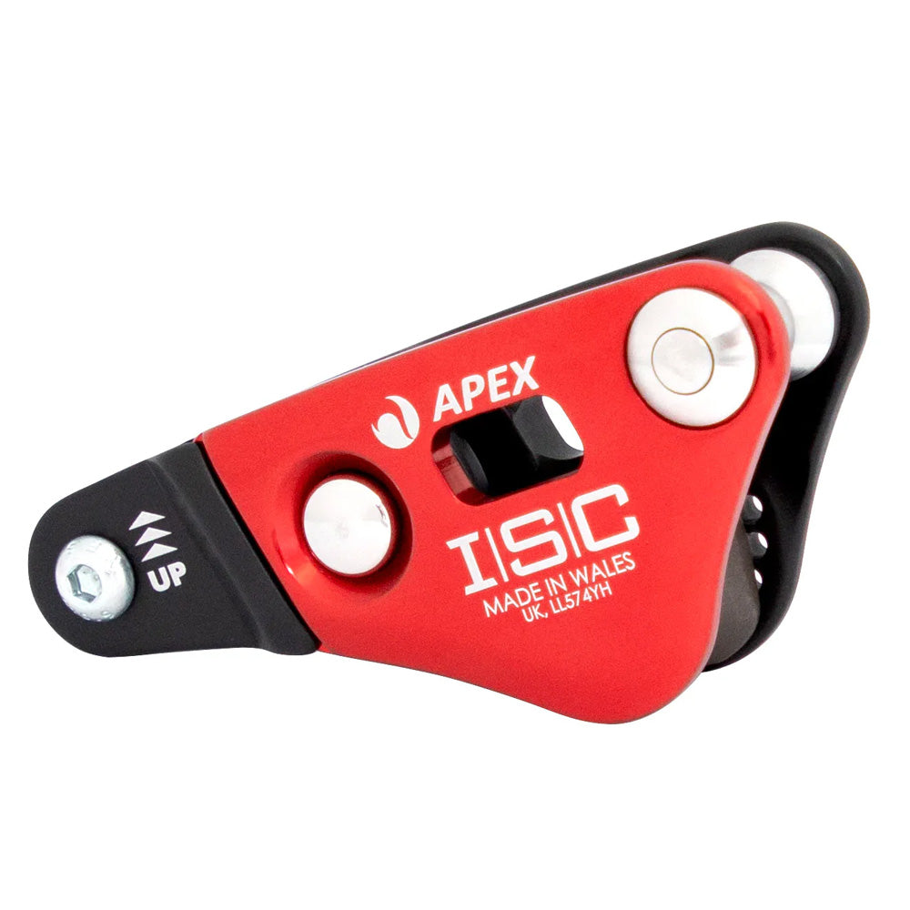ISC APEX Rope Wrench RP285A2 – adjustable friction SRT climbing tool for arborists, with swing-open side frame and anodised finish. Red and Black