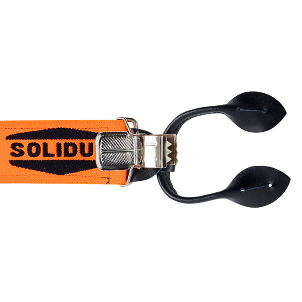 Solidur detail of braces. Orange 3-in-1 braces that attach with buttons, clips or loops. Fit Solidur chainsaw trousers. Adjustable length. Mower City Albury.
