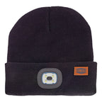 Warm acrylic beanie with a removable USB-rechargeable LED light. 3 brightness settings, around 150 lumens. Mower City Albury.