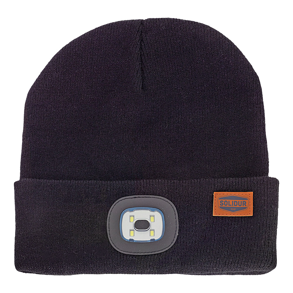Warm acrylic beanie with a removable USB-rechargeable LED light. 3 brightness settings, around 150 lumens. Mower City Albury.
