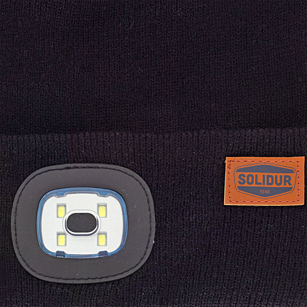 close up of solidur Warm acrylic beanie with a removable USB-rechargeable LED light. 3 brightness settings, around 150 lumens. Mower City Albury.