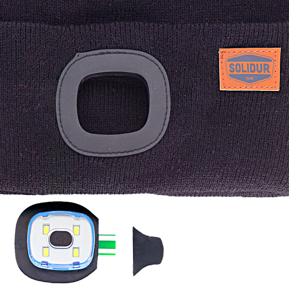 Working mechanism of LED light in Solidur Warm acrylic beanie with a removable USB-rechargeable LED light. 3 brightness settings, around 150 lumens. Mower City Albury.