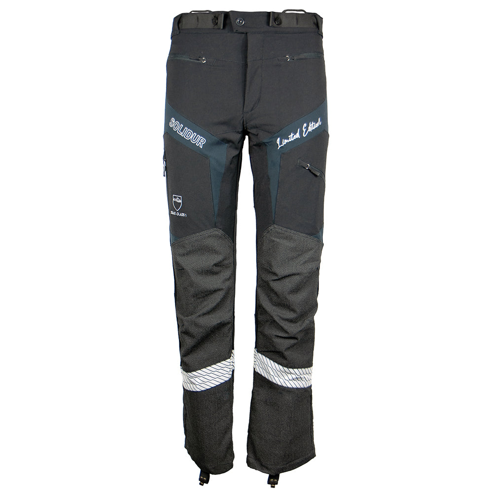 Front of Limited edition Solidur Climbcut chainsaw trousers in blue and grey. Class 1 Design A, water repellent, slim fit for climbing. Mower City Albury.