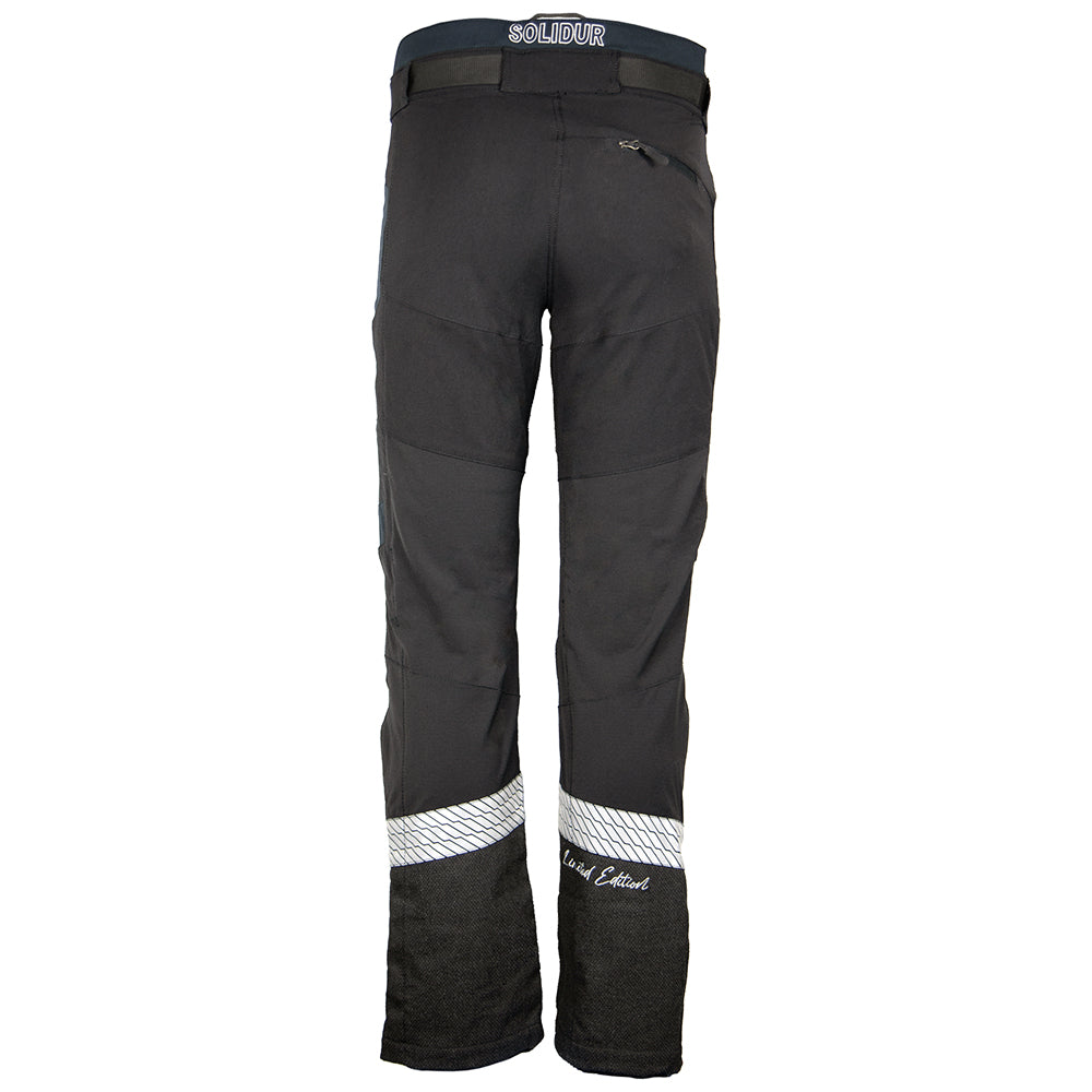 Back of Limited edition Solidur Climbcut chainsaw trousers in blue and grey. Class 1 Design A, water repellent, slim fit for climbing. Mower City Albury.