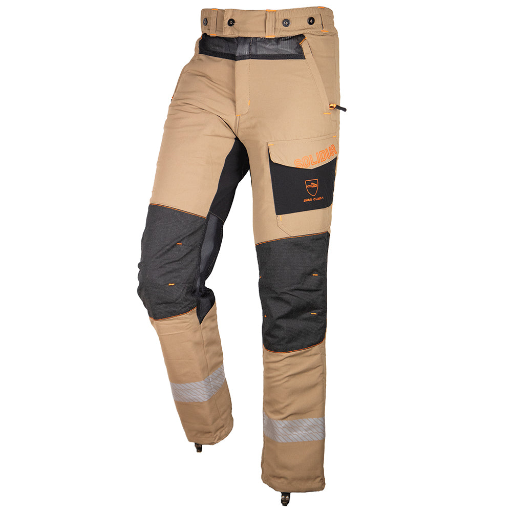front view of solidur Breathable Class 1 Design A chainsaw trousers for hot weather. Mesh vents, CoolMax lining, stretch fabric. Standard and long leg. Mower City Albury.