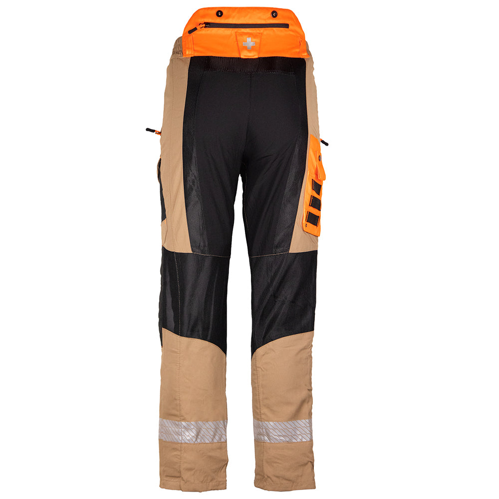 back view of solidur Breathable Class 1 Design A chainsaw trousers for hot weather. Mesh vents, CoolMax lining, stretch fabric. Standard and long leg. Mower City Albury.