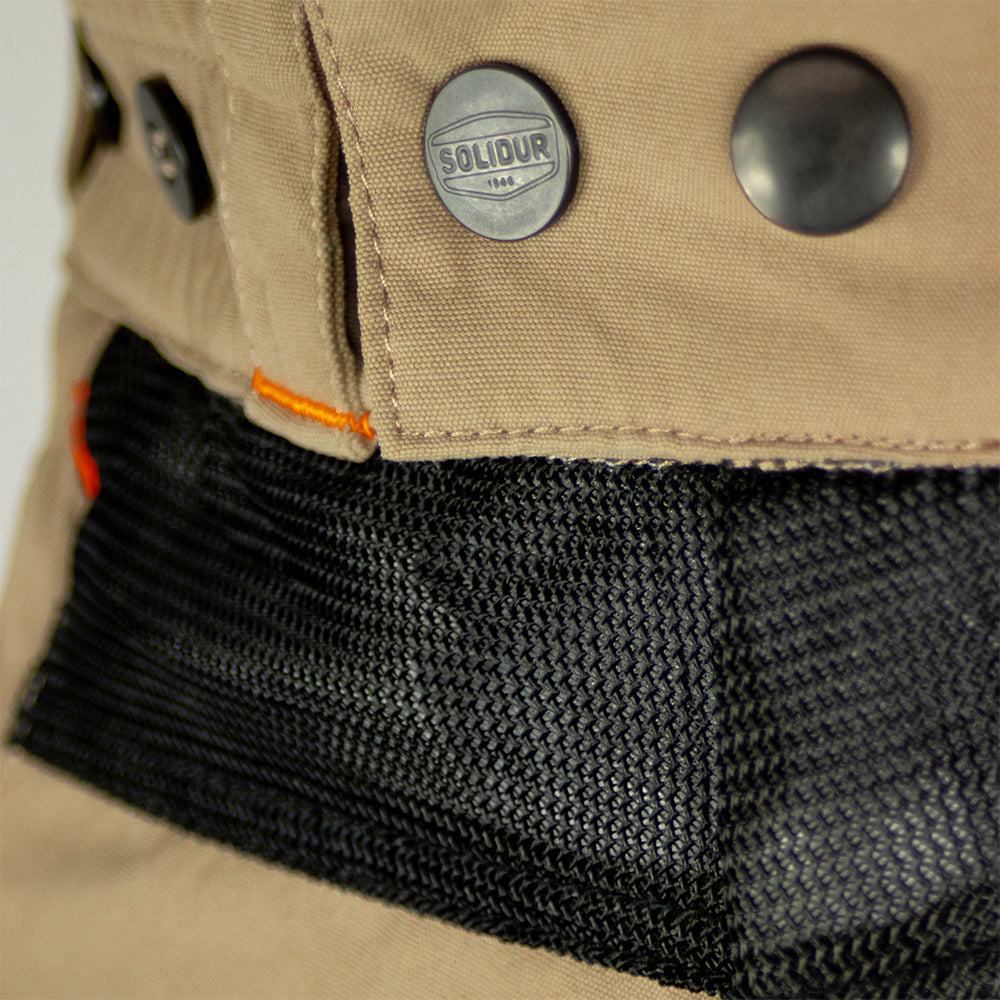 mesh detail of solidur Breathable Class 1 Design A chainsaw trousers for hot weather. Mesh vents, CoolMax lining, stretch fabric. Standard and long leg. Mower City Albury.