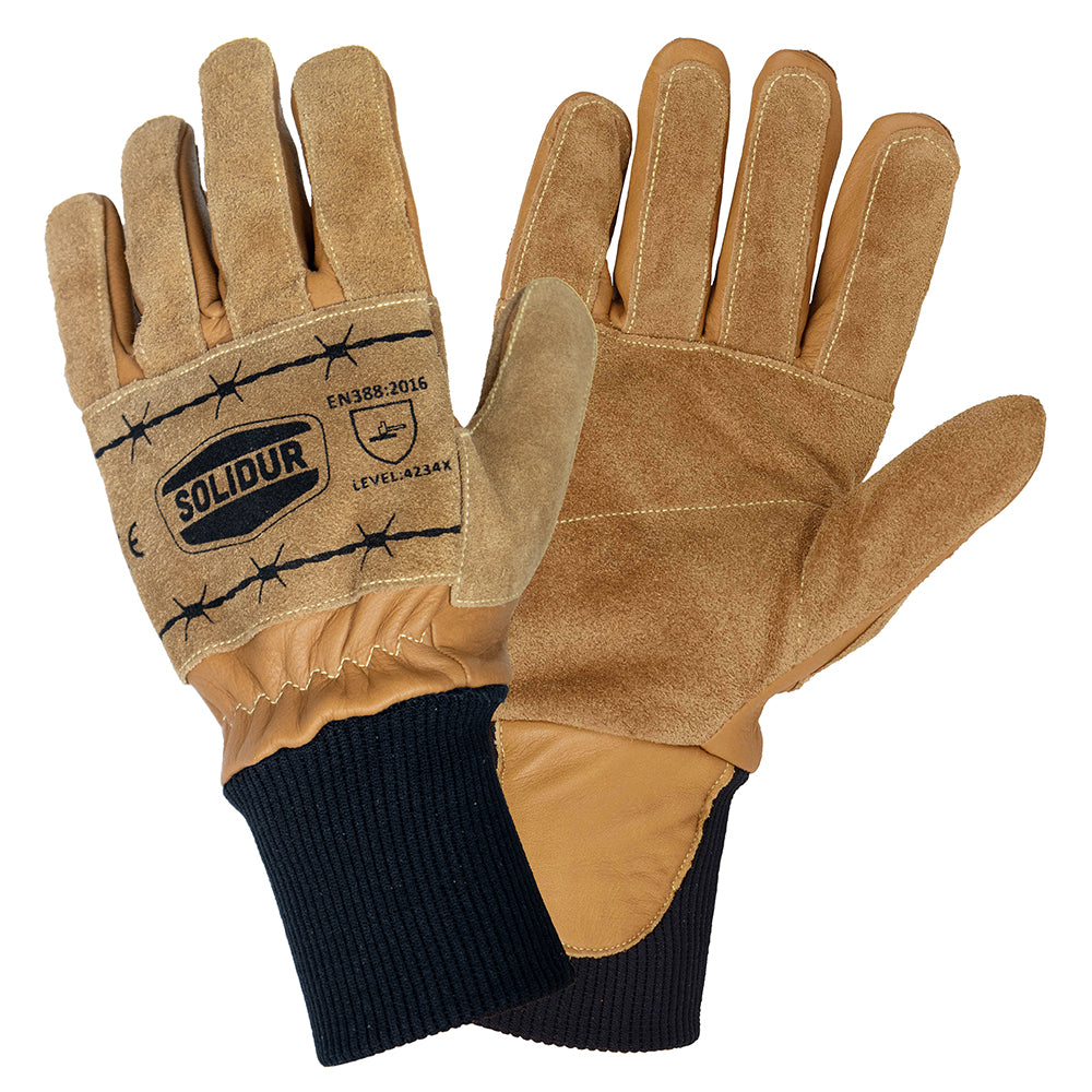 Solidur Heavy-duty cowhide gloves for fencing, barbed wire, thorny scrub and timber handling. Top-level abrasion and puncture resistance. Albury.