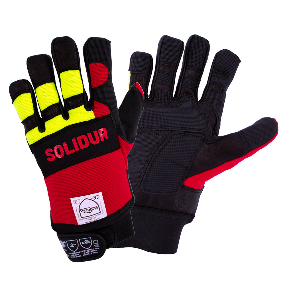 Solidur Class 1 chainsaw gloves with protection on both hands. Grain leather palm, supple fit, hook-and-loop wrist. Available at Mower City Albury.