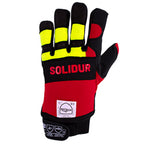 right hand knuckle side solidur Class 1 chainsaw gloves with protection on both hands. Grain leather palm, supple fit, hook-and-loop wrist. Available at Mower City Albury.