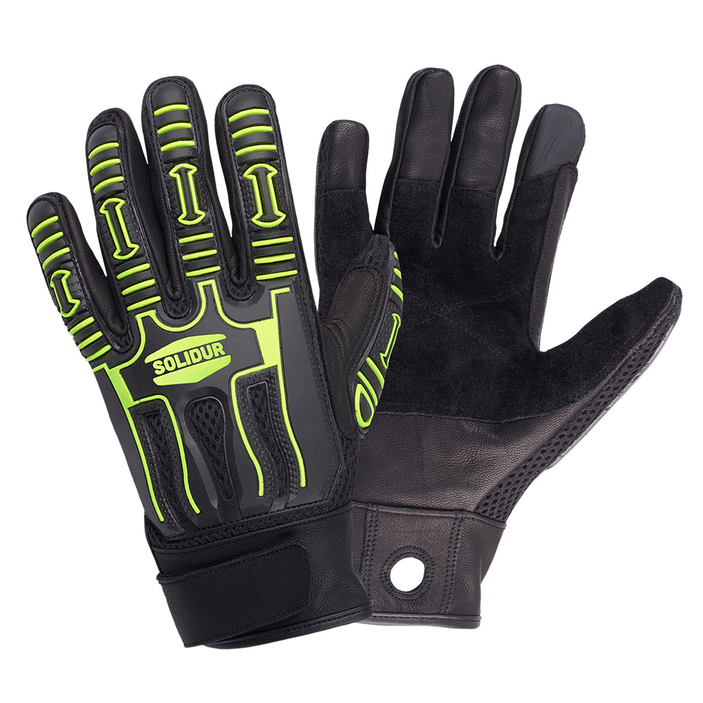 Solidur Handling gloves with impact protection over the knuckles and back of hand. Leather palm, breathable mesh, touchscreen fingertip. Albury.