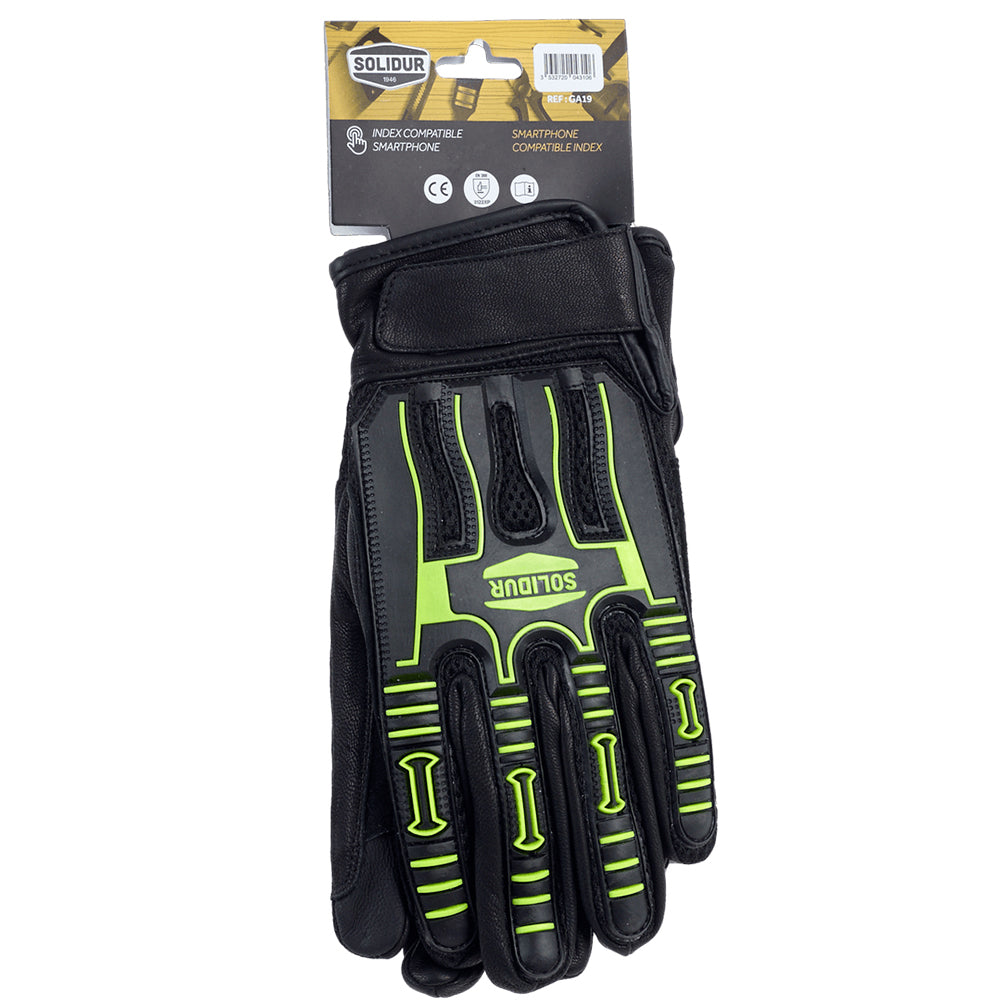 Handling gloves with impact protection over the knuckles and back of hand. Leather palm, breathable mesh, touchscreen fingertip. Albury. Packaging